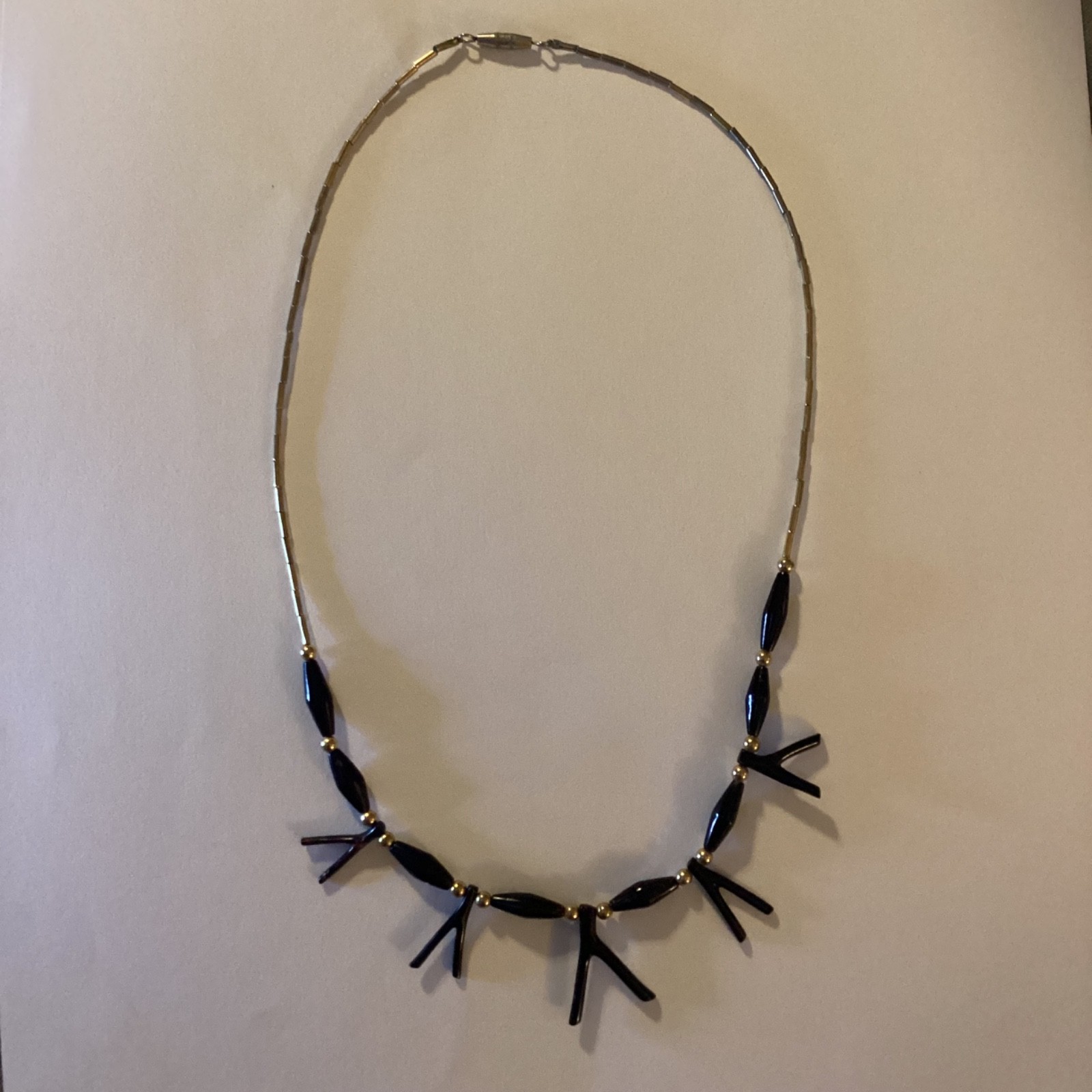 Vintage Black Coral Necklace Gold Tone Beads Mid Century Modern Statement