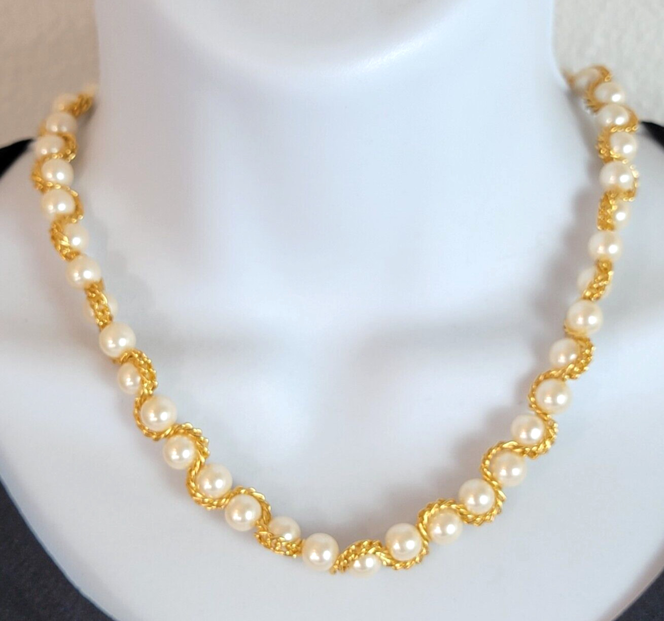 Gold Tone Chain Wrapped Faux-Pearl Necklace 19 Inch Cream Color Hook Clasp
