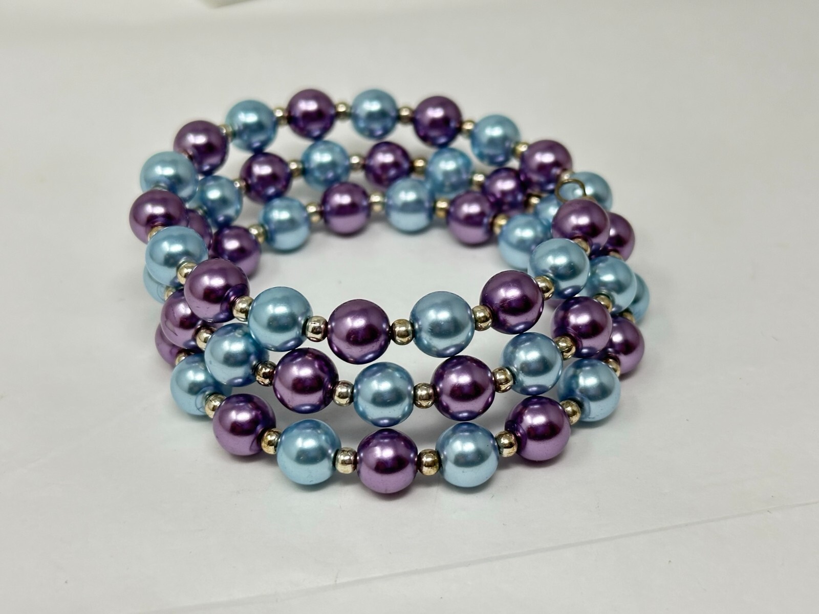 Beautiful Vintage Blue and Purple Faux Pearl Bead Wire Wrap Bracelet