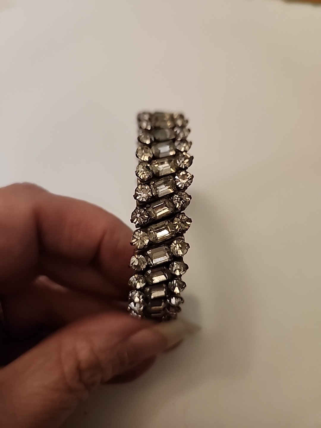 Stunning Vintage 3 Row Rhinestone Bracelet Silver Tone Stretch Band