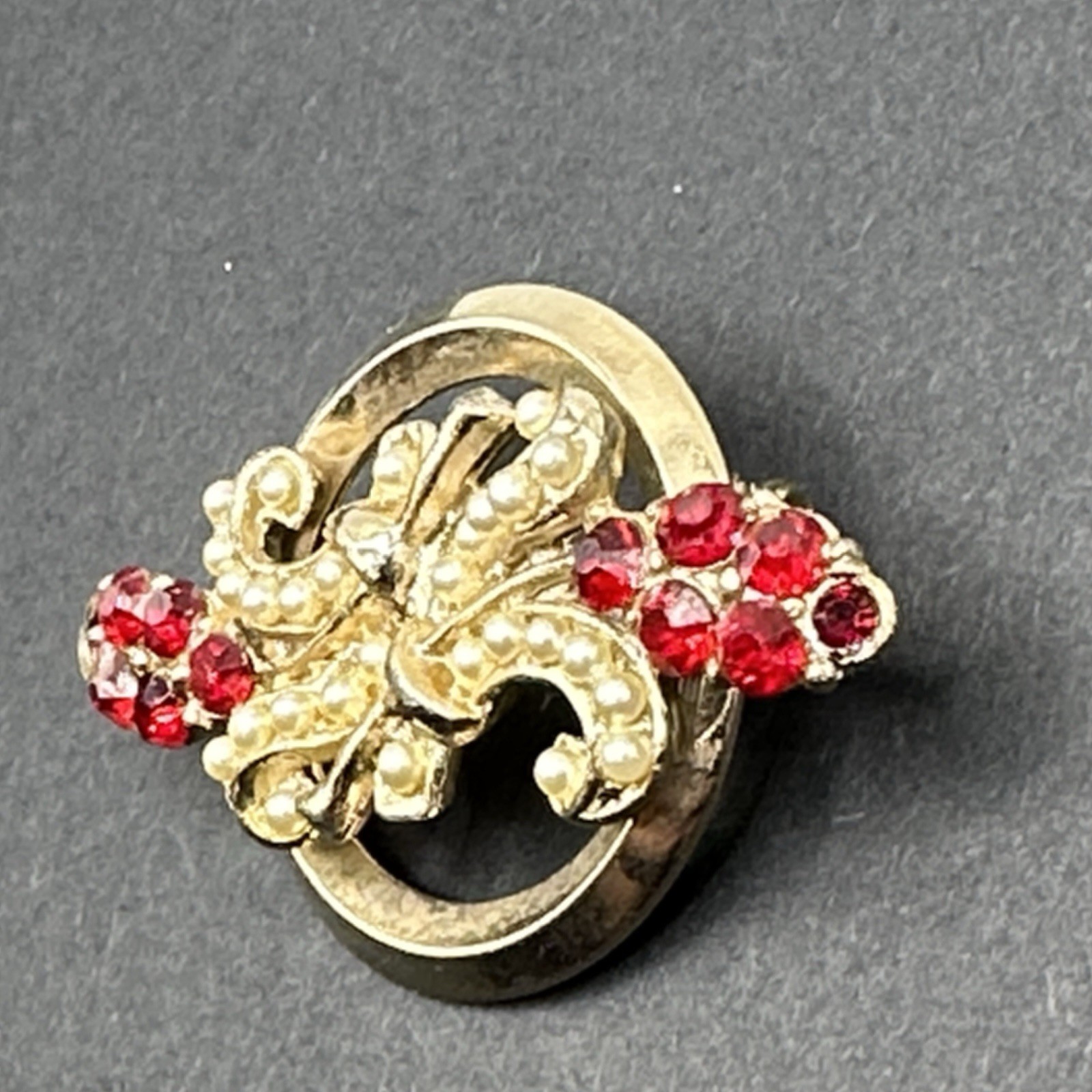 Vintage Red Rhinestones Flowers Brooch Pin J44K