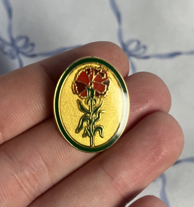 Vintage Valley Casting Gold Tone Enamel Pin – Red Carnation Flower Design – Oval