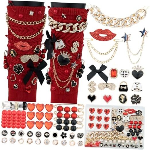 85 Pcs Junk Socks Charms Kit Charms for Socks, Brooches and Pins Black and Red