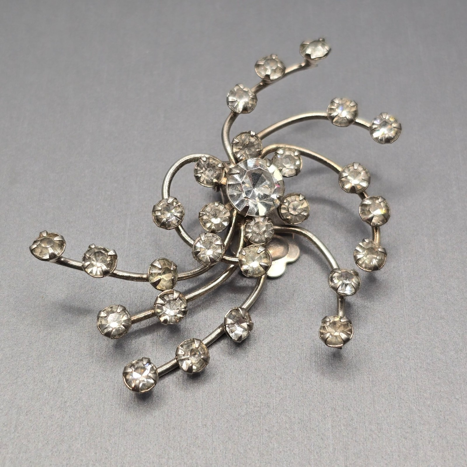 Vintage Rhinestone Clip On Earrings 2.25″ Silver Mid Century Atomic Starburst