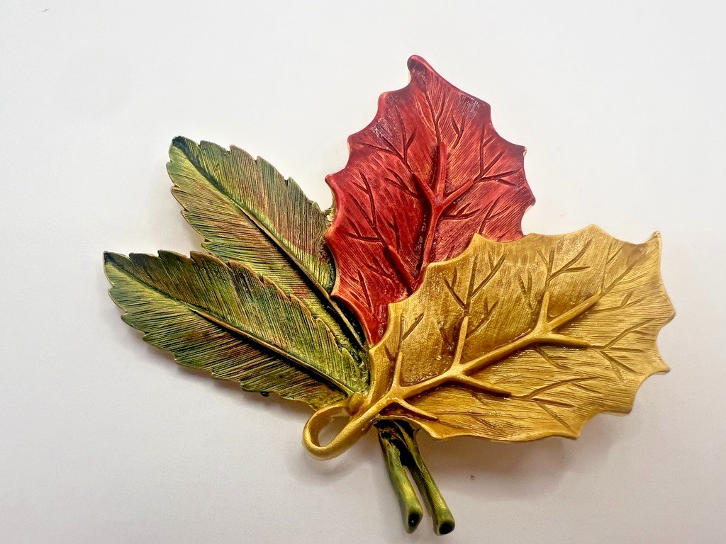Vintage Tona Leaf Brooch Large 3” Fall Colors Leaves Autumn Enamel Statement Pin