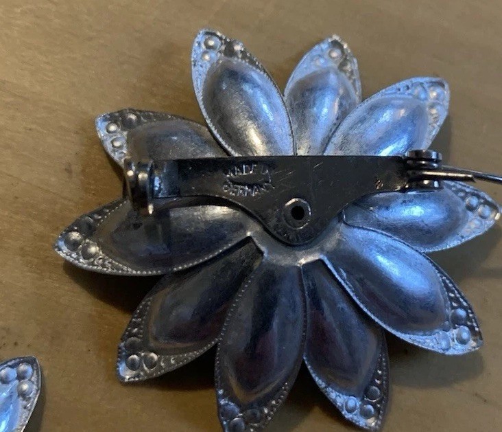 Vintage Made In Germany Brooch And Clip On Earrings Black With Rhinestone Center