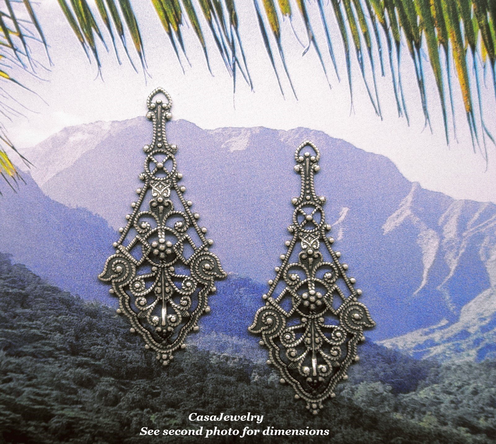 #1750 ANTIQUED .925 STERLING SILVER PLATED FILIGREE W/TOP RING – 2 Pcs