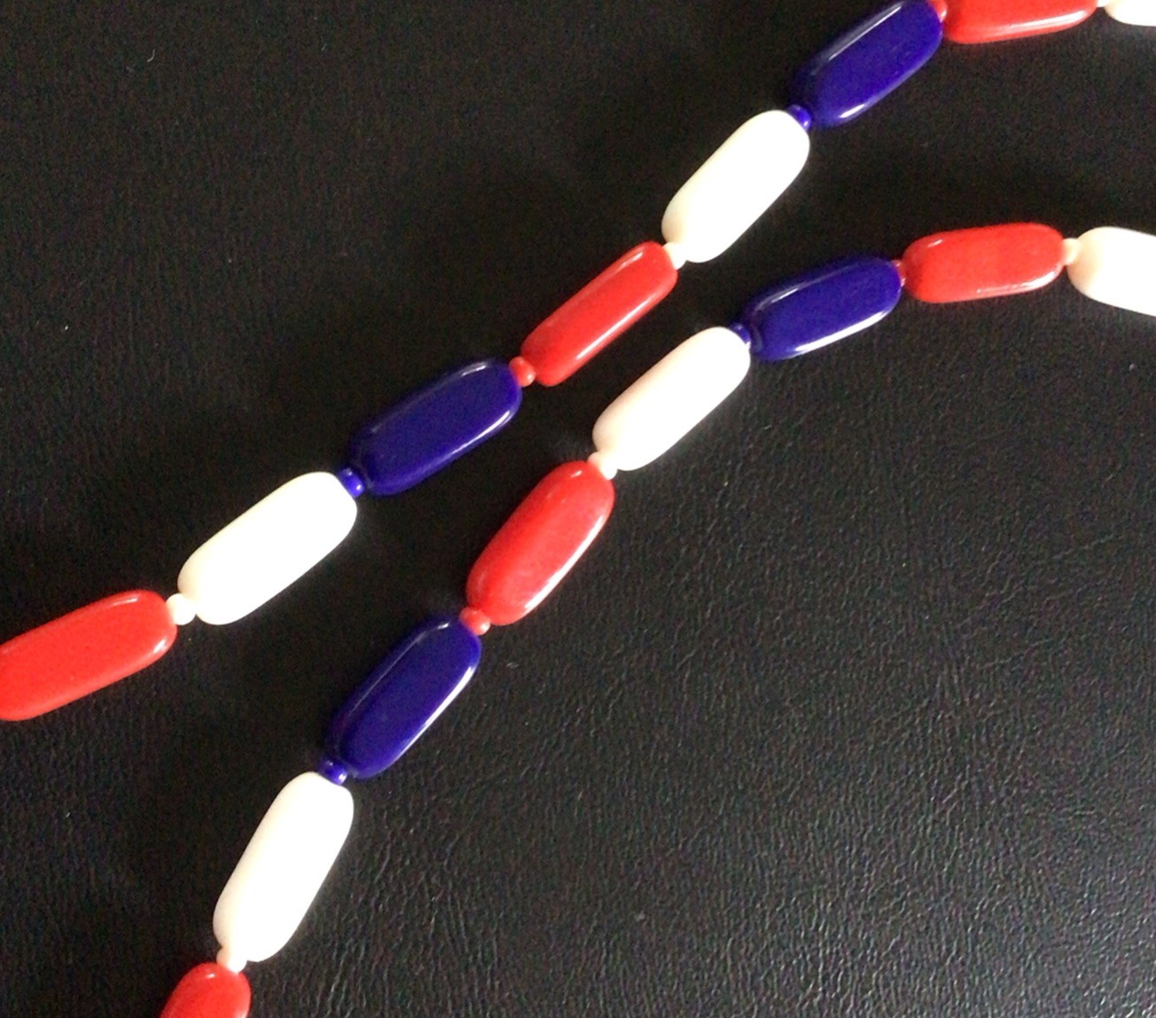 55in VTG America Red White & Blue Glass Bead Single Double Strand Necklace