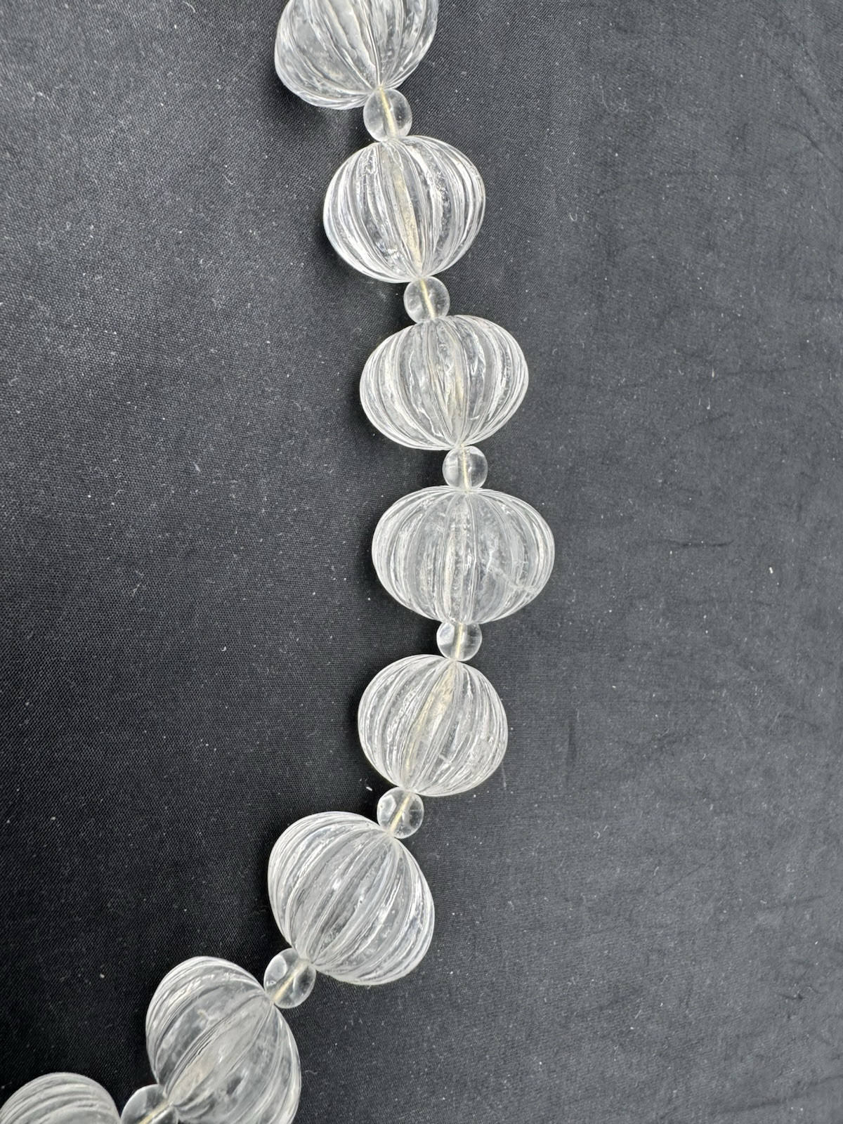 Vintage Hand Carved Rock Crystal MELON BEAD Necklace, 169 grams, 20″
