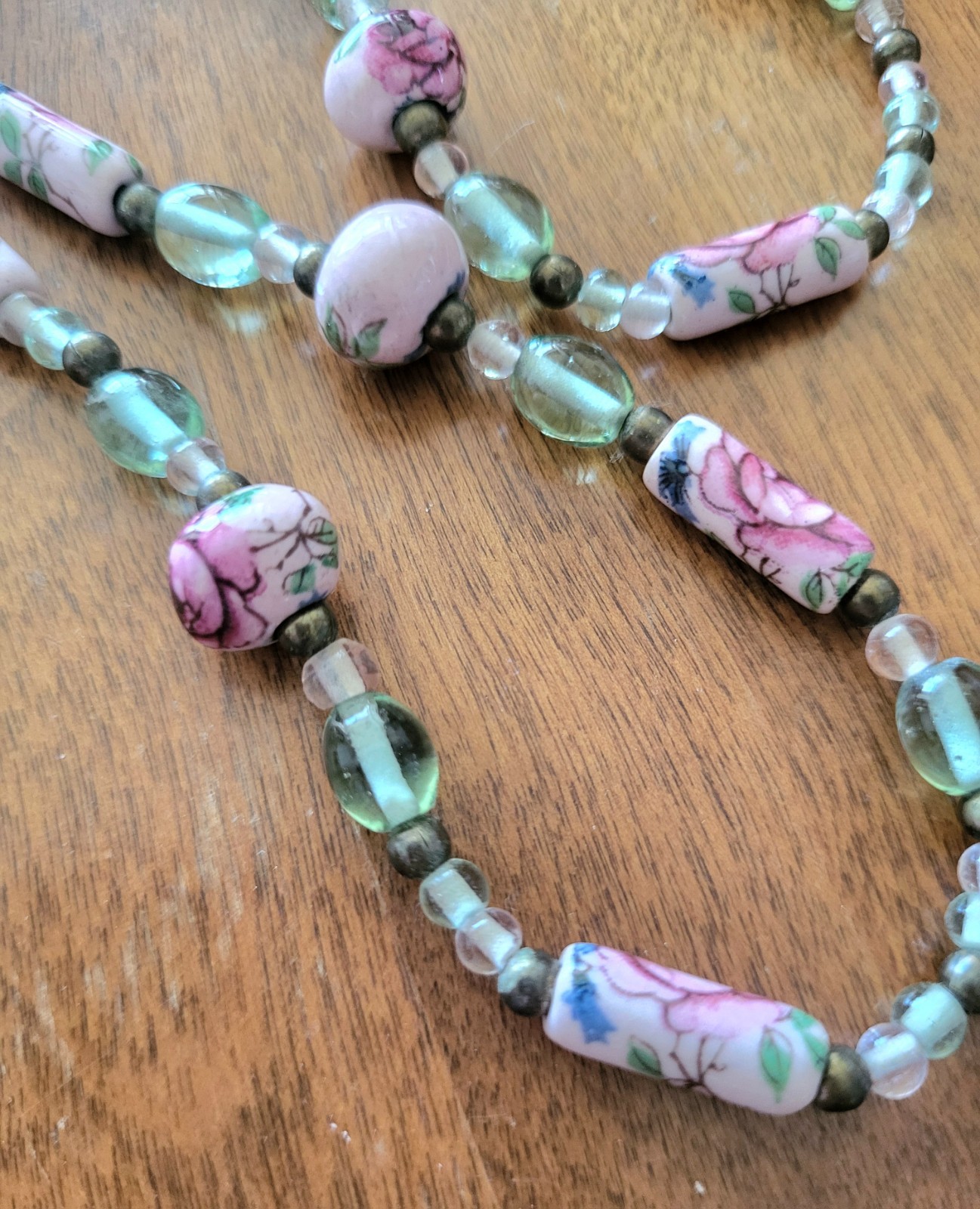 Vintage Cottagecore Sea Green Glass, Brass and Pink Porcelain Rose Bead Necklace