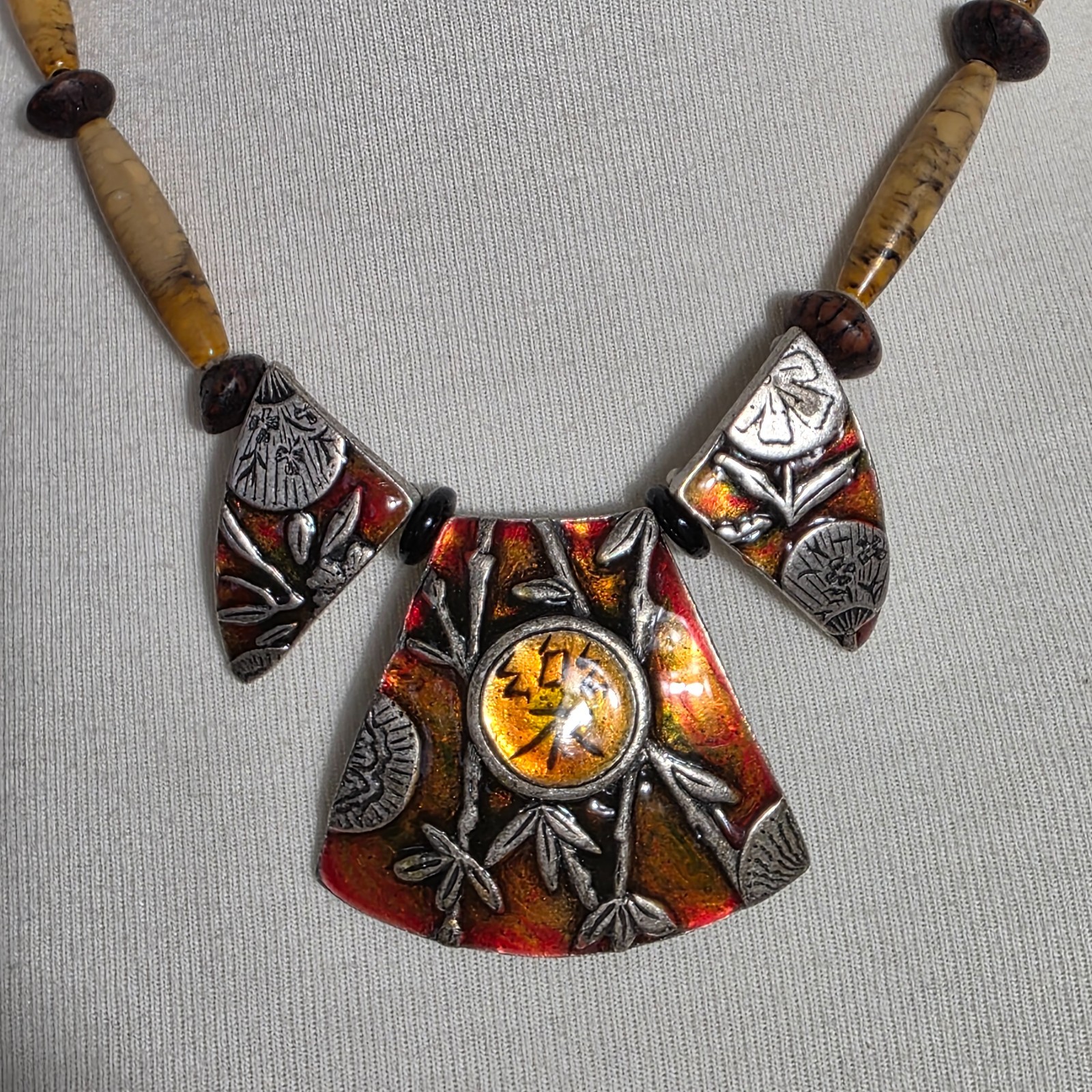 Chico’s Asian Inspired Necklace Three Metal Pendants with Bamboo & Asian Writing