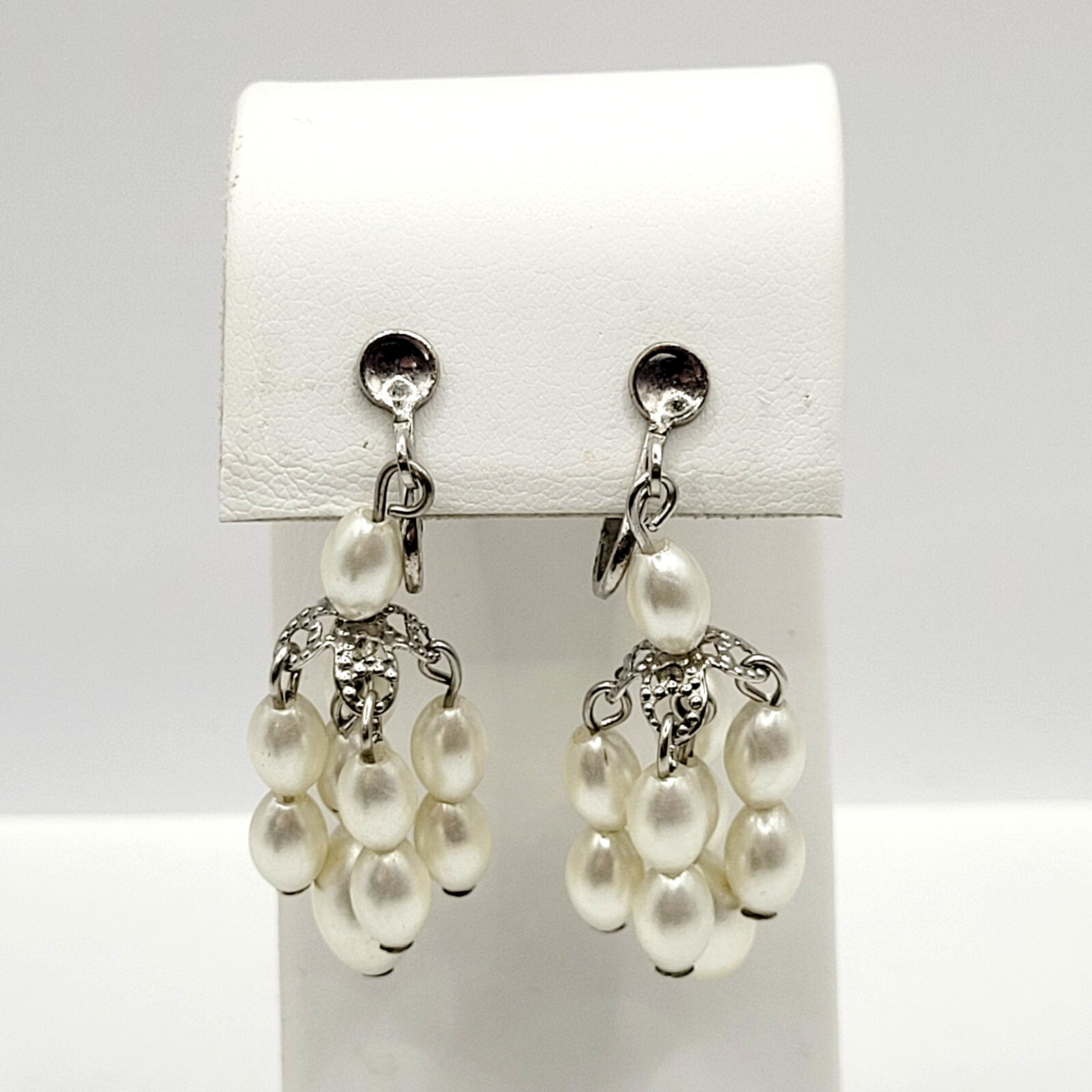 Faux Pearl Drop Dangle Cluster Silver Tone Clip On Fancy Vtg Costume Earrings