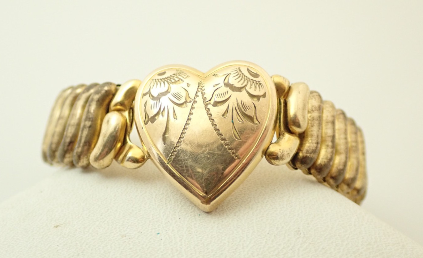 Antique Gold Filled Sweetheart Heart Expansion Expandable Stretch Bracelet