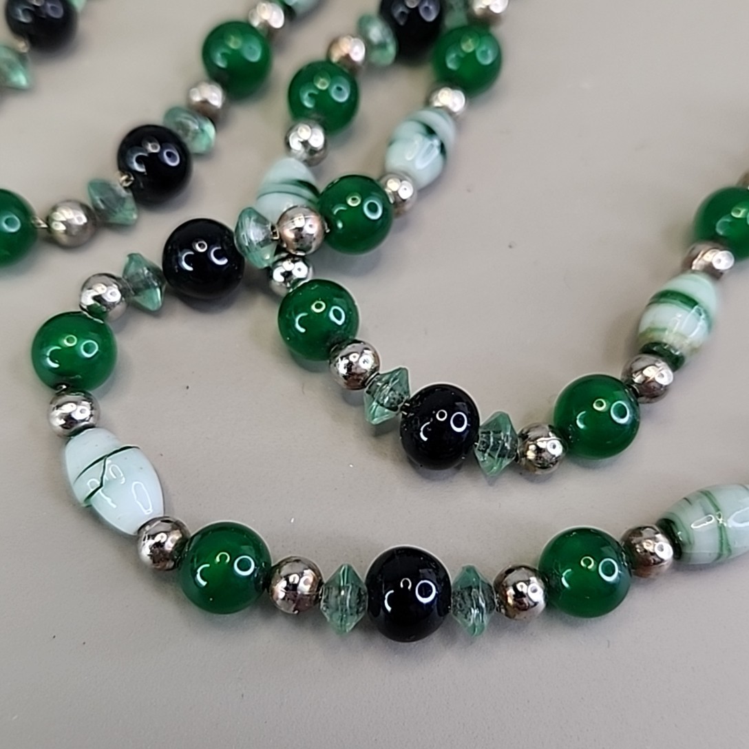 Vintage Glass Necklace Green Striped 24″