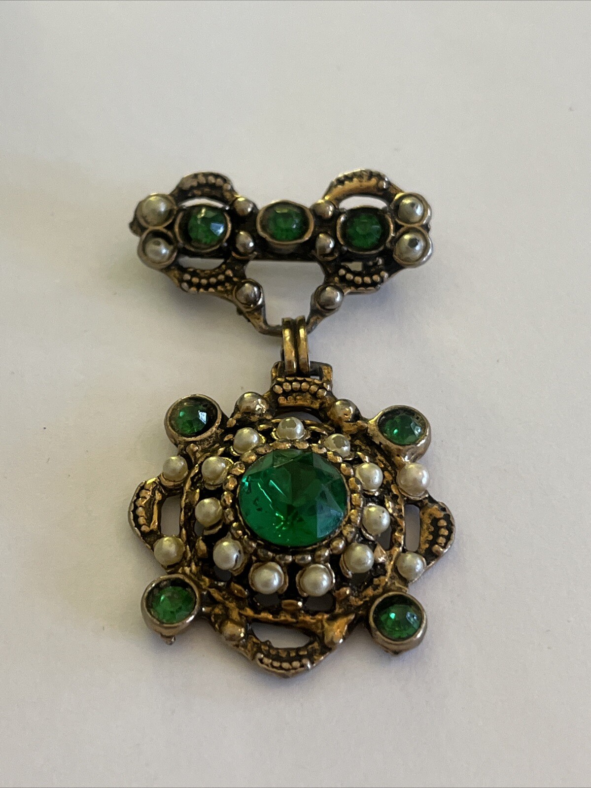 Vintage Austrian Hungarian Brooch Green Rhinestone Pearl Detailing