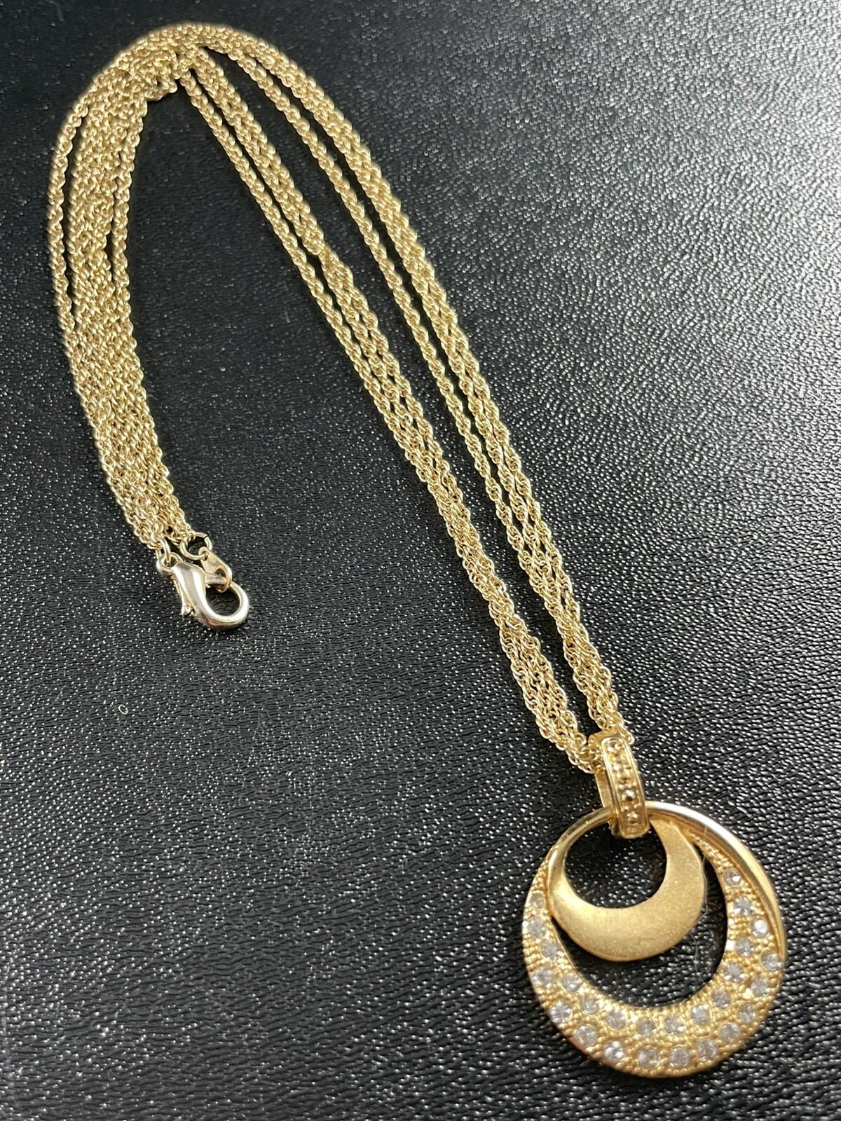 Vintage Pendent Necklace 18” Double Gold Tone Metal Chain Crystal Rhinestone’s