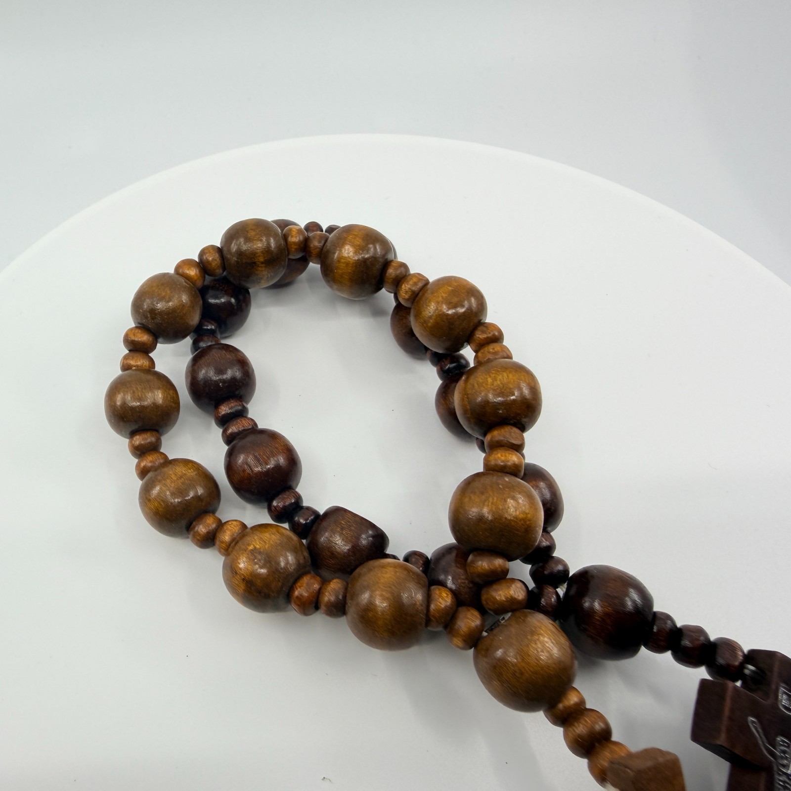Vintage Brown Wood Beaded Rosary Silver Tone Jesus Crucifix Catholic Prayer 90s