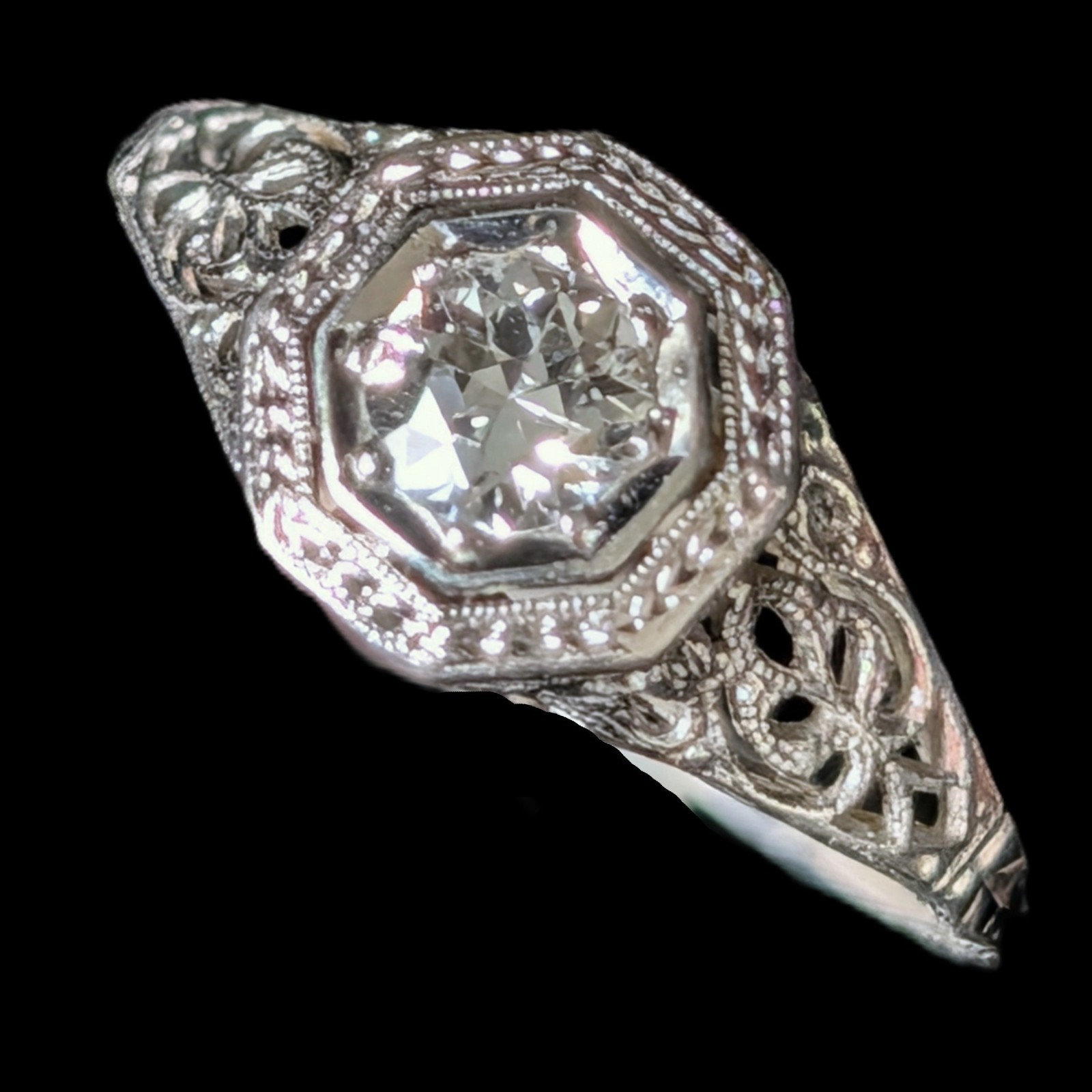 Art Deco Old European Cut Diamond 14k White Gold Platinum Engagement Ring 1920s