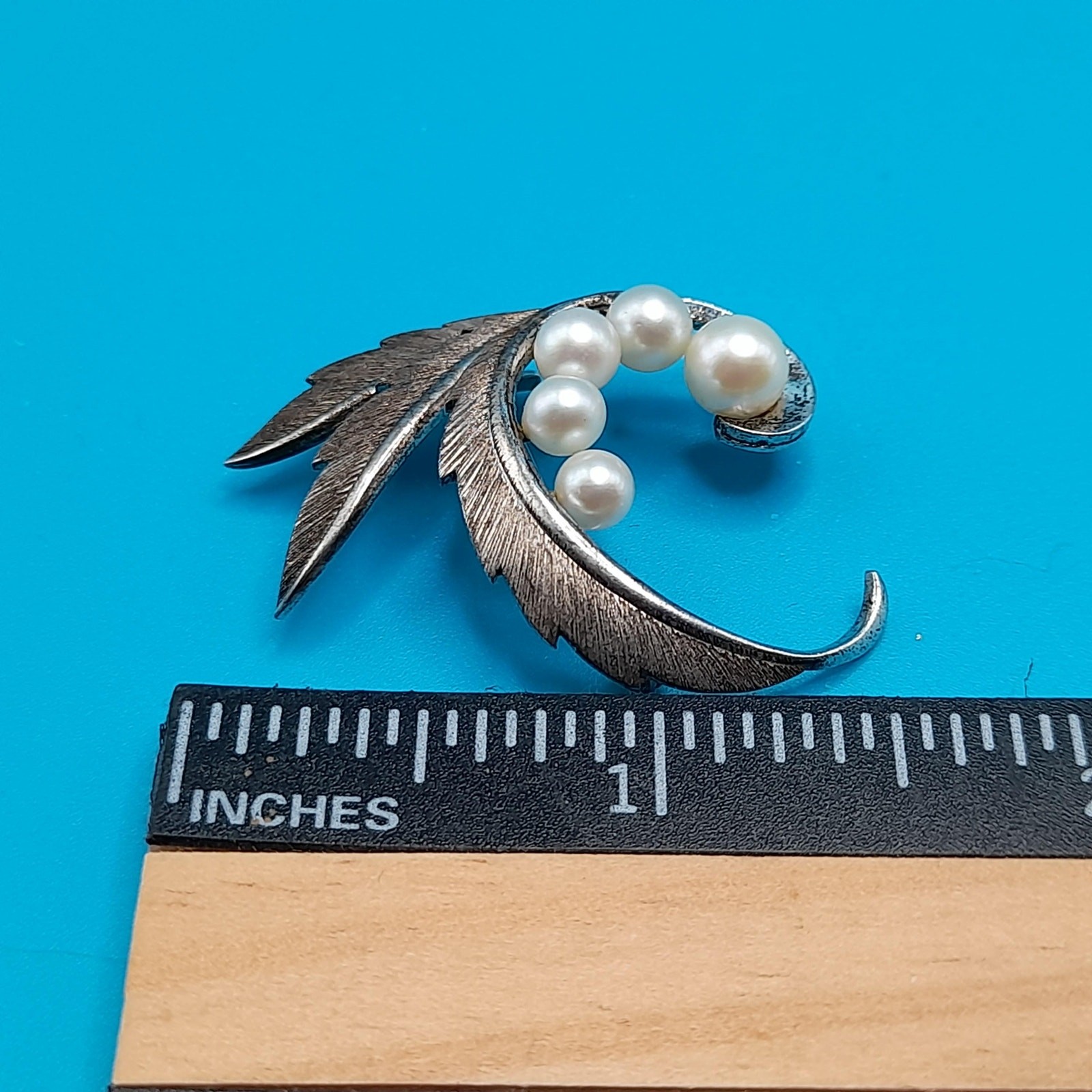 Mikimoto Sterling Silver Akoya Pearl Brooch 1950s Leaves Design Vintage
