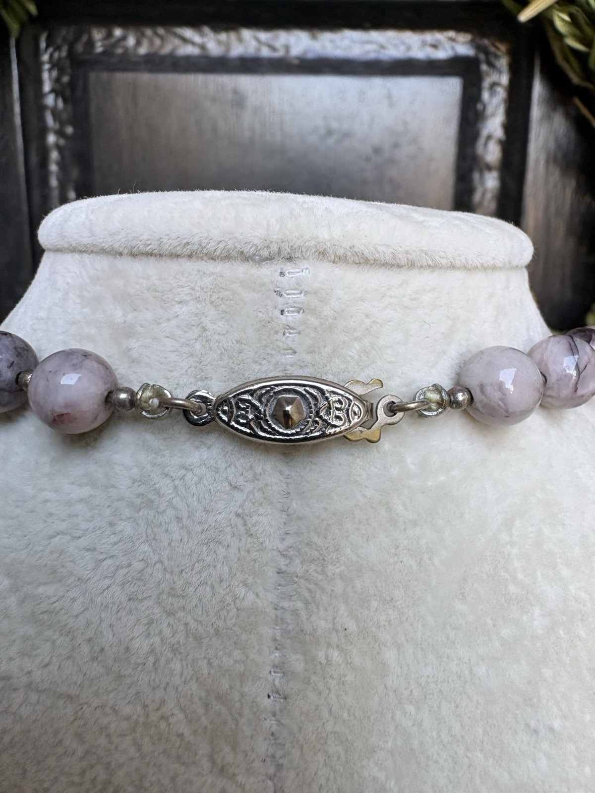 Unique Vintage Natural Stone, Pink And Green Necklace, Ornate Oval Box Clasp