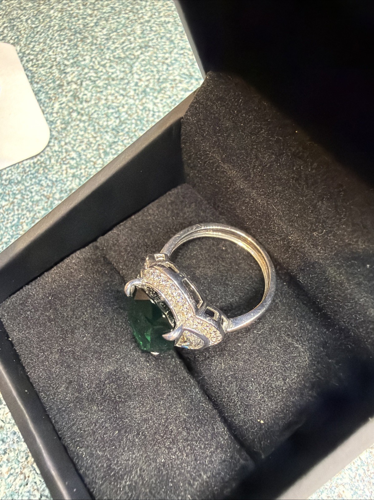 Daniel K Designer Sterling Silver 925 Pear-Cut Green Stone & Half-Moon Ring