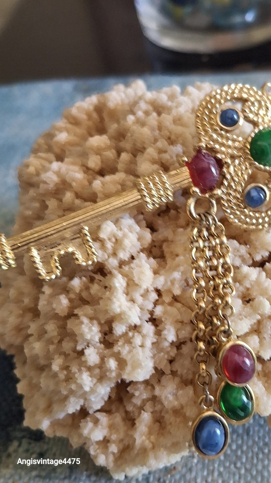 Trifari Jewels of India Key Brooch Green Red Blue Gripoix Cabochon Gold Key Pin