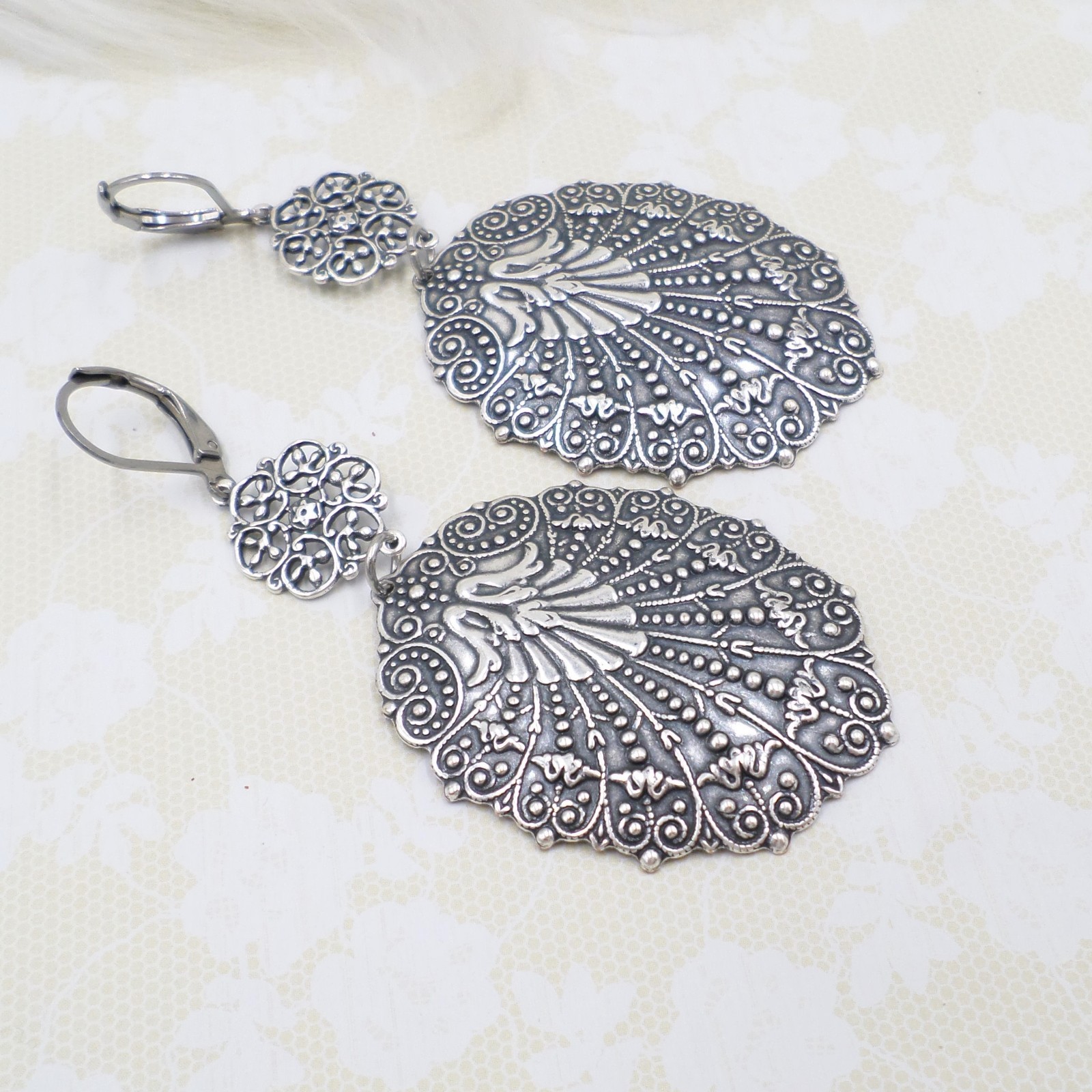 Large Antique Silver Filigree Statement Earrings, Bohemian Ethnic Style Jewelry