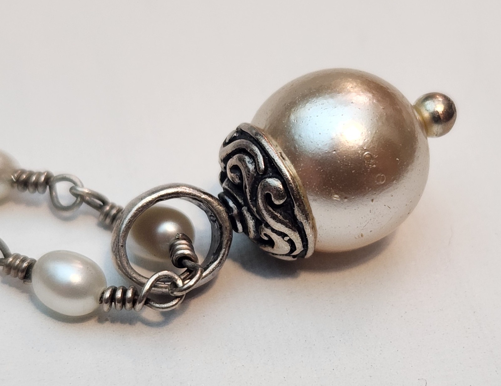 Vintage Sterling Silver 925 Fresh Water Pearl Rosary Style Drop Long Necklace