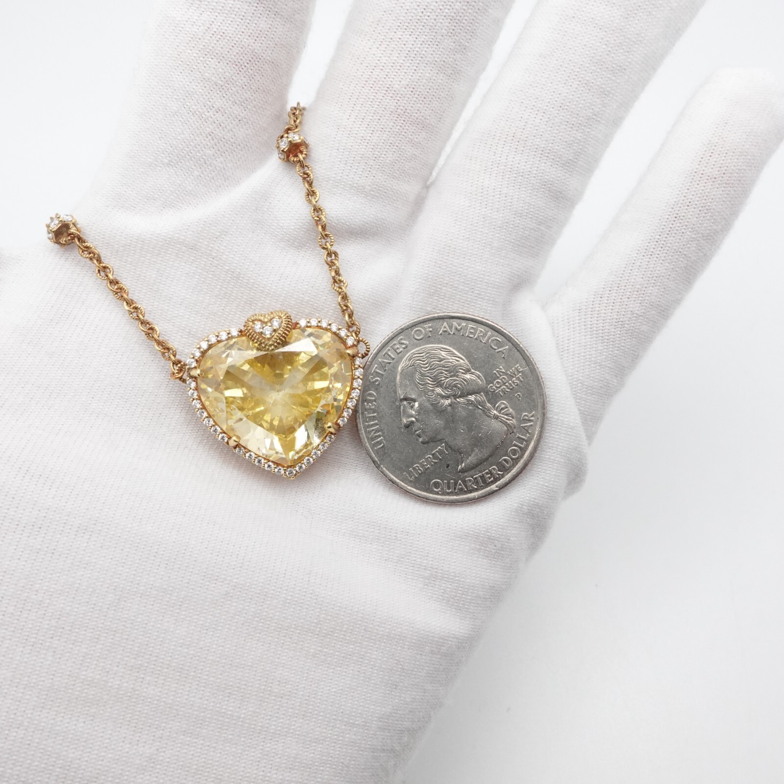 Judith Ripka 18K Yellow Gold Yellow Crystal & Diamond Heart Necklace 17″