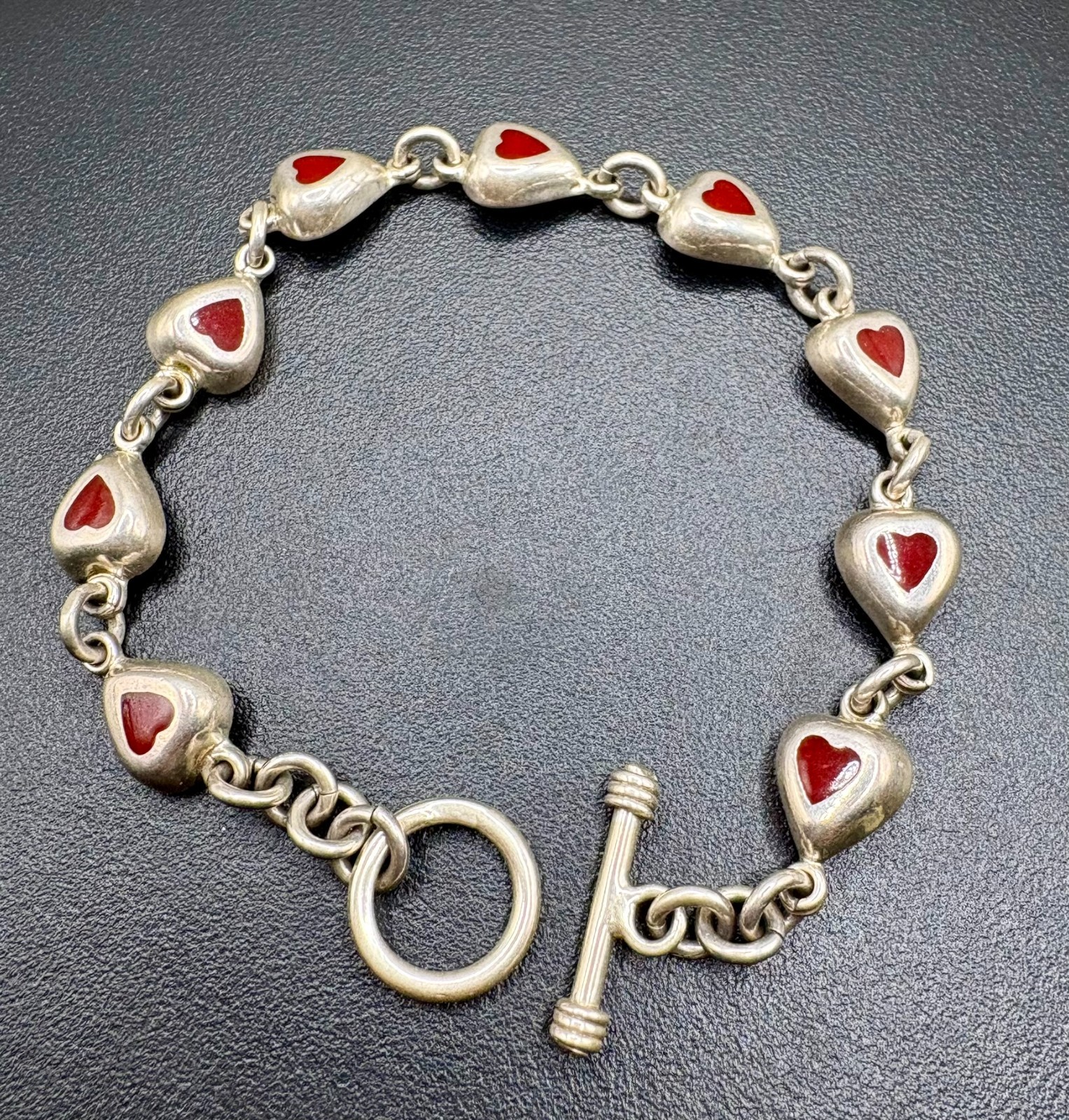 Vintage Sterling Silver Red Enamel Heart Link Bracelet 7.5″ Toggle Clasp 925 15.