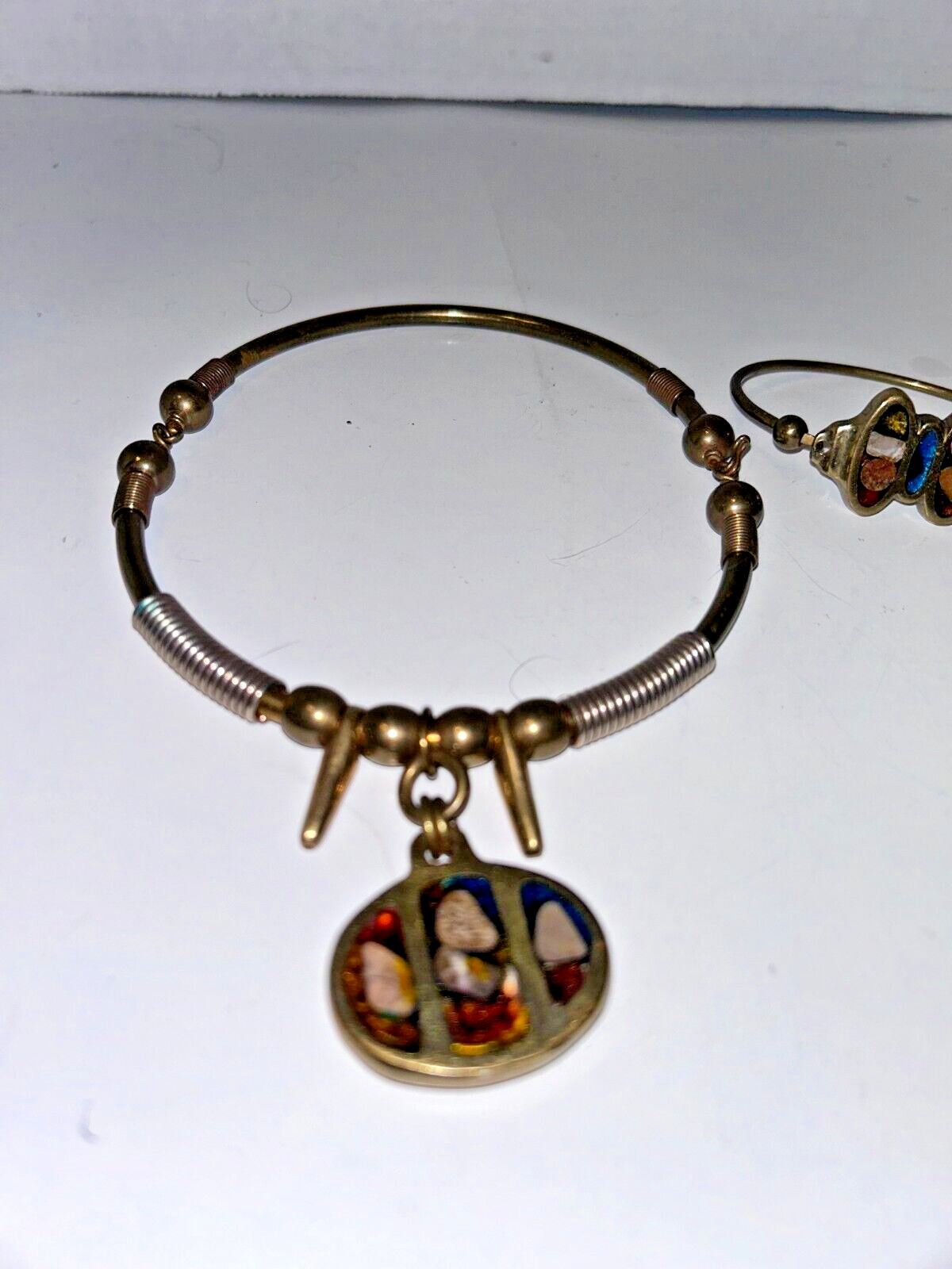 Vintage UNIQUE BRASS STONE INLAY ARTISAN NECKLACE CHOCKER & BRACELET HEAVY