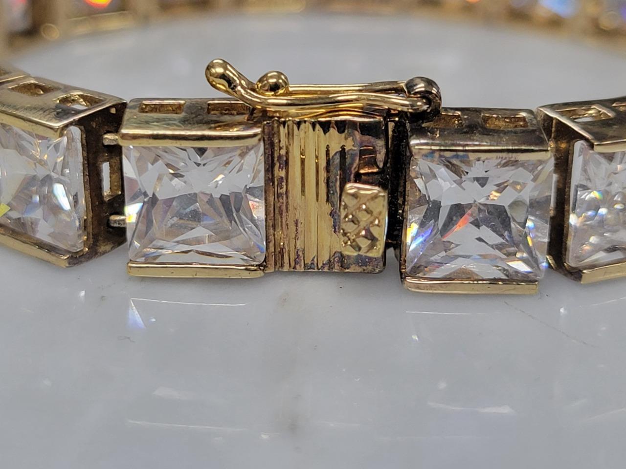 Gold Plated Sterling Silver Clear Stones Tennis Bracelet 7-1/2″ ~ 44g ~ 16-G231