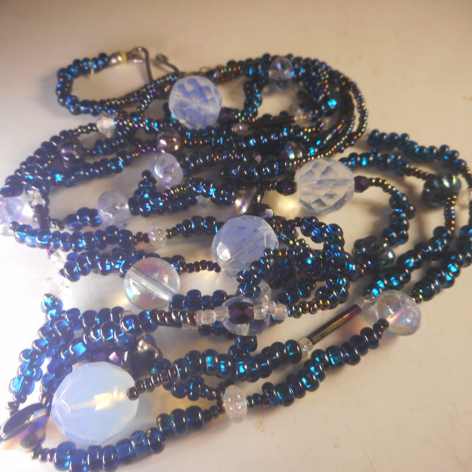 Artisan Milk Crystal Blue Glass 3 Strand Beaded Necklace 925 Hook Clasp 22″