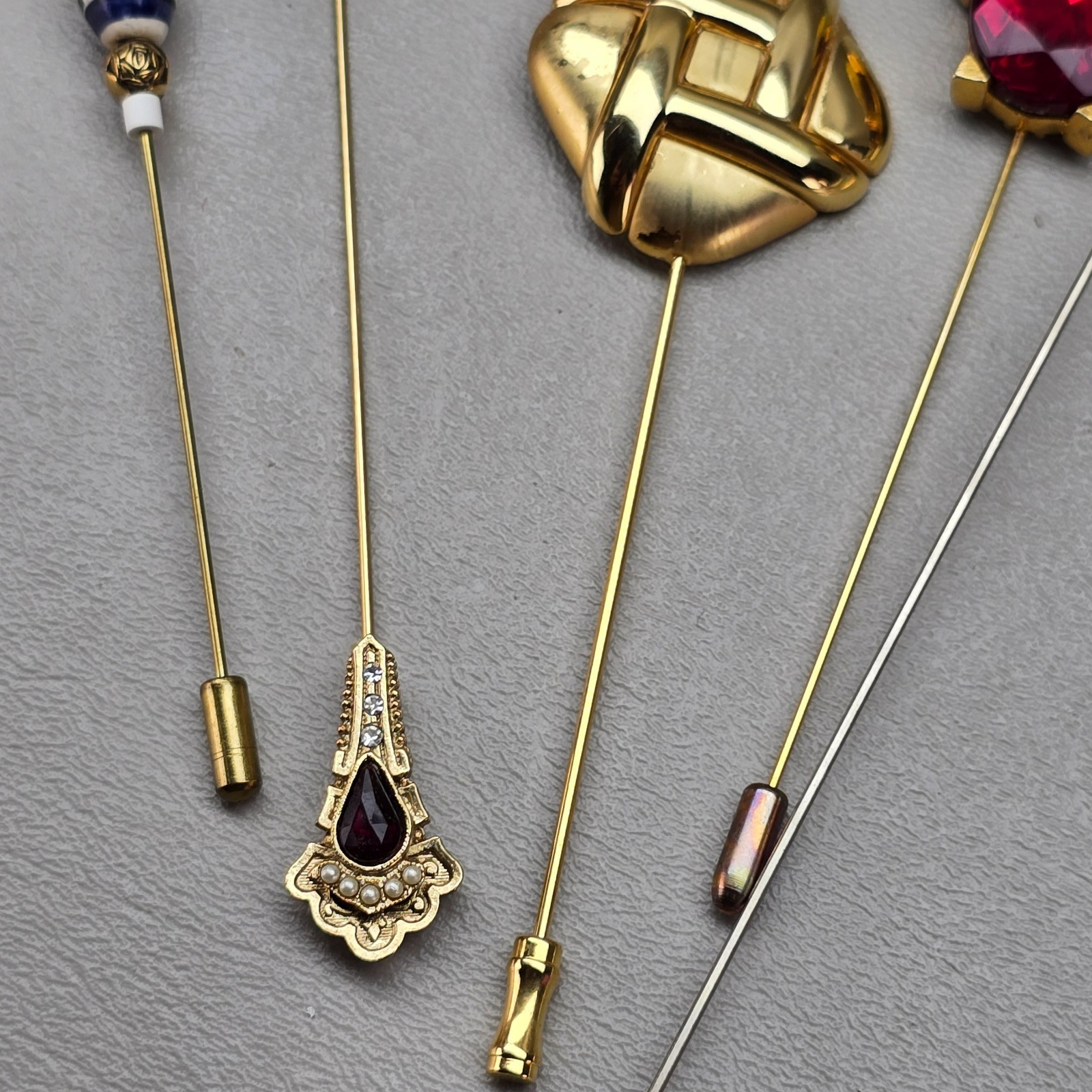 Vintage Hat Stick Pin Lot Gold Tone Rhinestone Cloisonne Art Deco Style Set 5