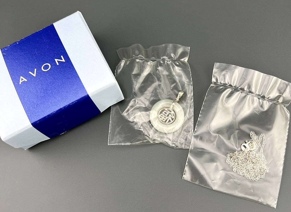 Vintage Jade Pendant Necklace Sterling Silver NOS with Box Good Fortune by Avon