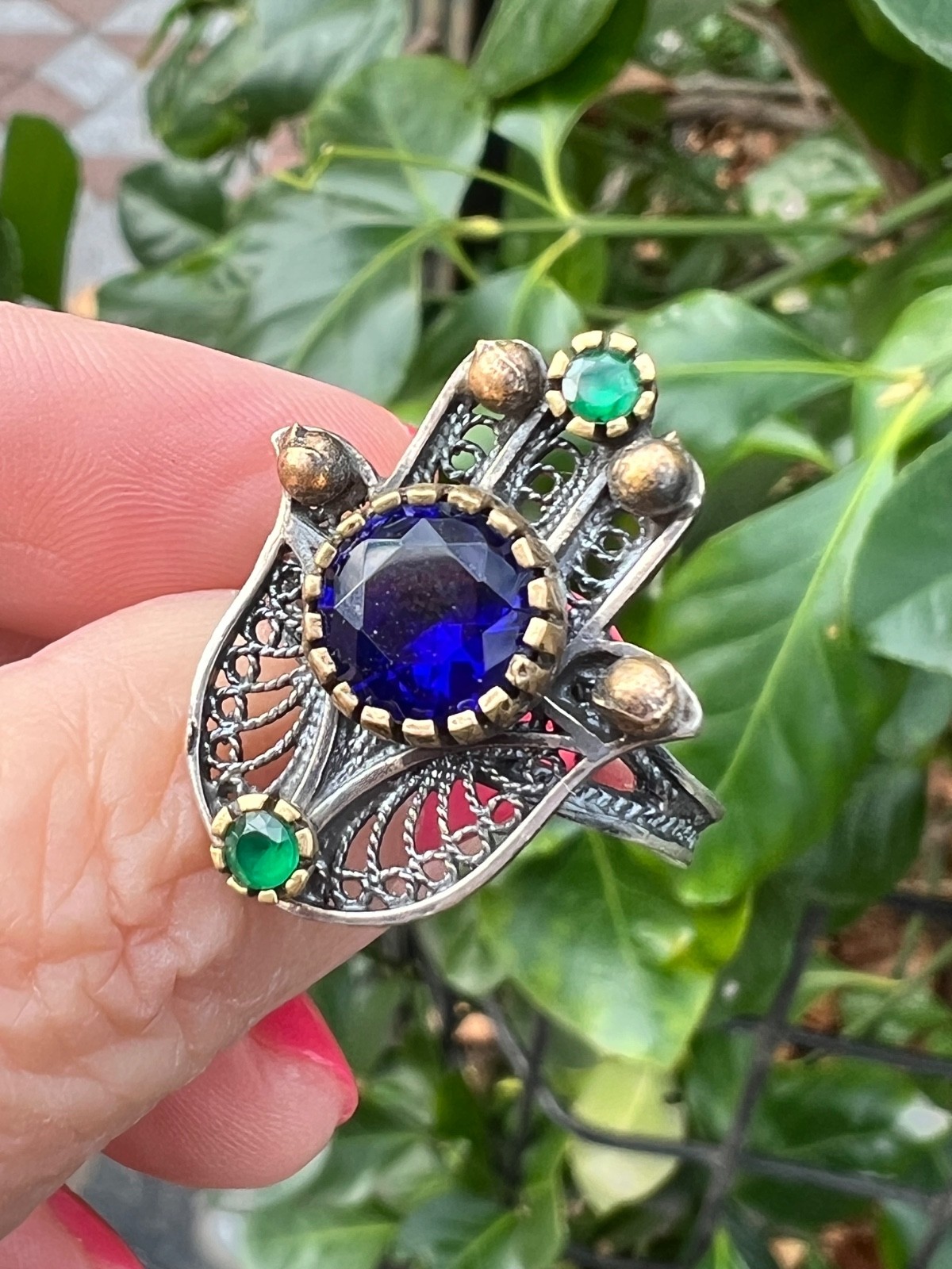 VINTAGE HAMSA VIVID BLUE GREEN PASTE GLASS STONES 925 STERLING SILVER UNIQUE