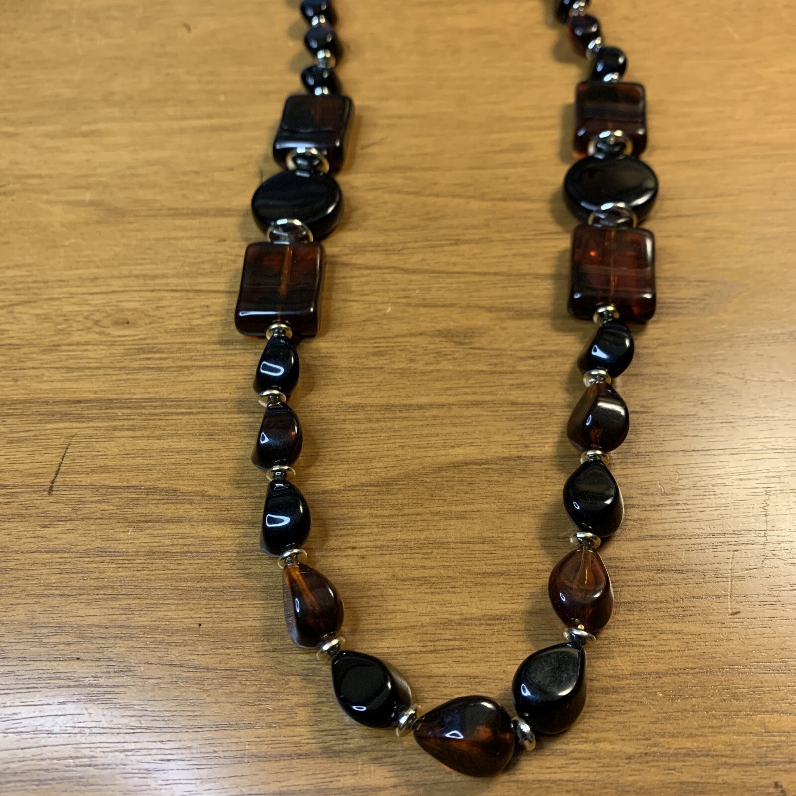 Vintage goldtone Genuine Lucite made in Hong Kong Black Brown beaded 18”necklace