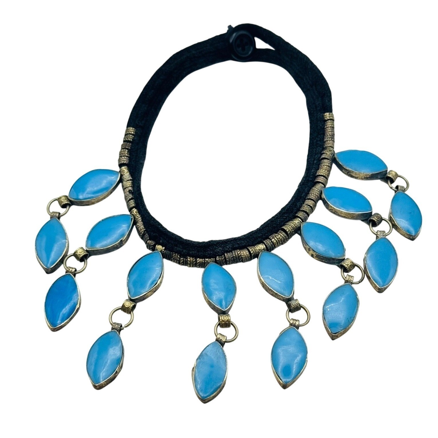 VTG Blue Glass Collar Bib Necklace BOHO Egyptian style choker silver fringe 14″