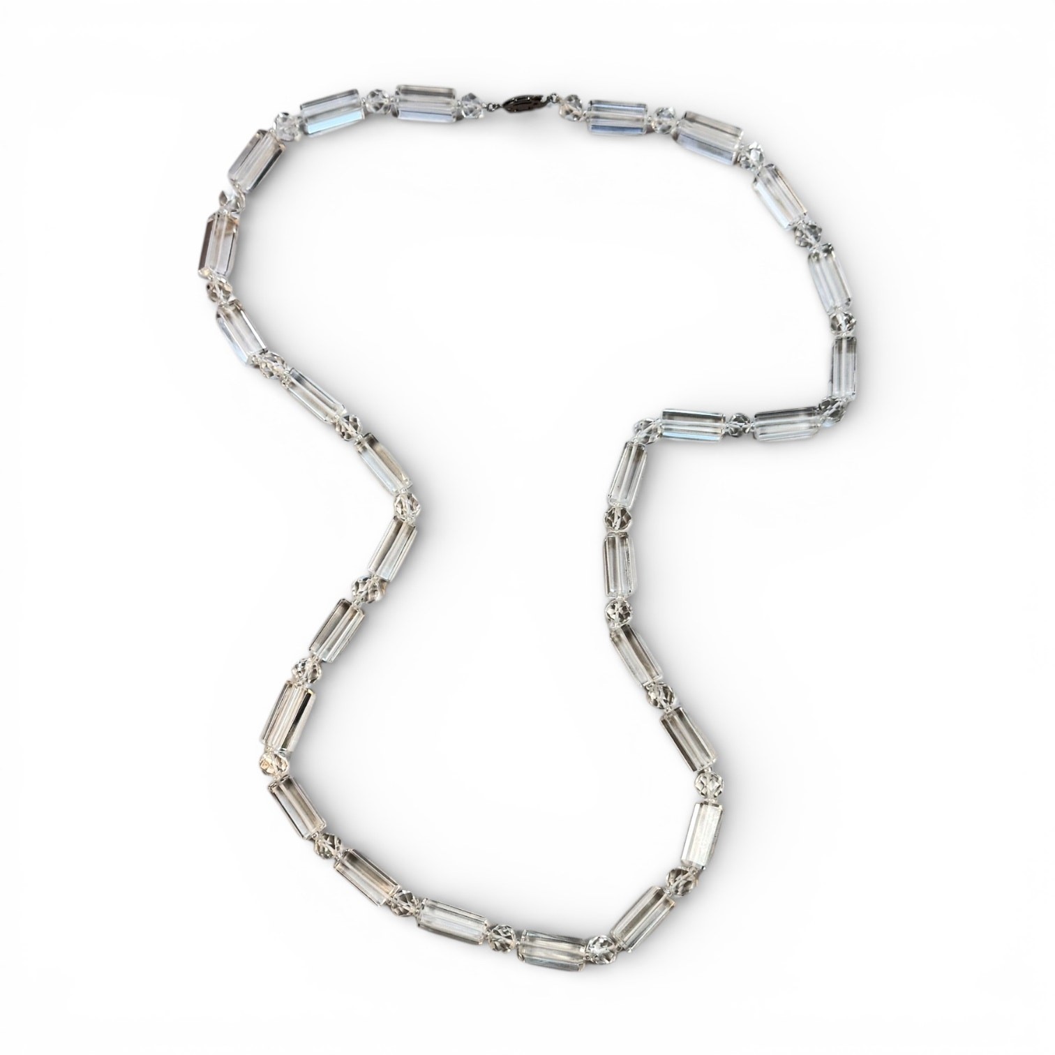 Vintage Clear Faceted Glass Bead Necklace, 34” Long, Rectangular Beads, Opera