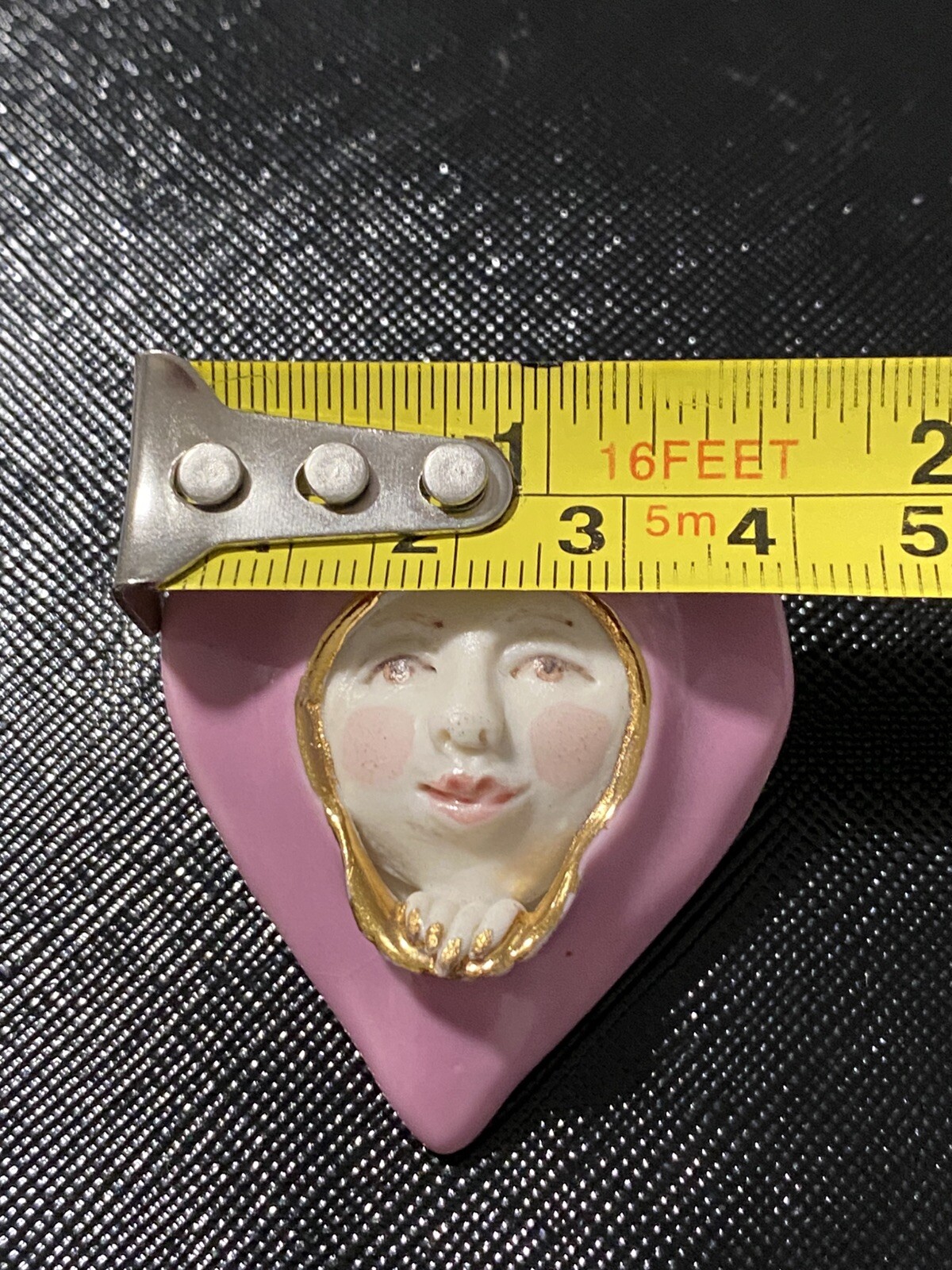VNTG Clay Heart W/Face Getting Out Of Heart 3-D brooch Art deco Hand Made Sign