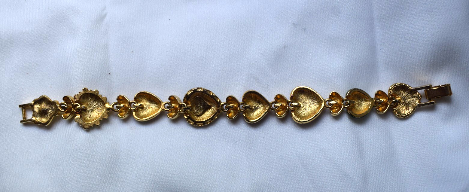 Joan Rivers Hearts & Flowers Bracelet Gold Tone w/ Enameled Hearts Signed Rare!