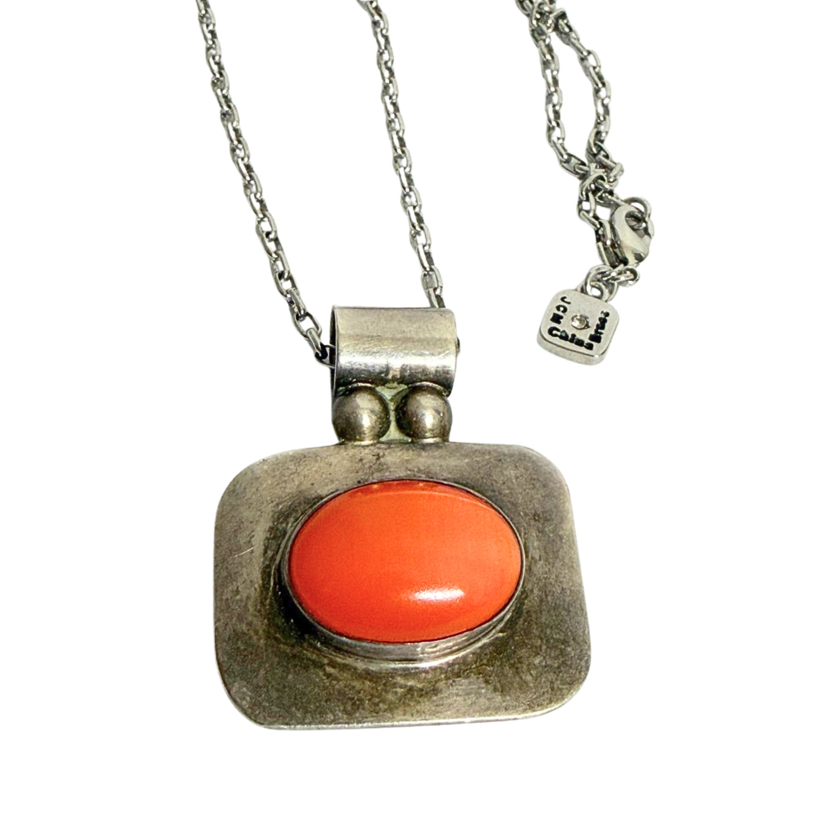 Vintage ATI Mexico 925 Sterling Silver Coral Cabochon Pendant Necklace Signed