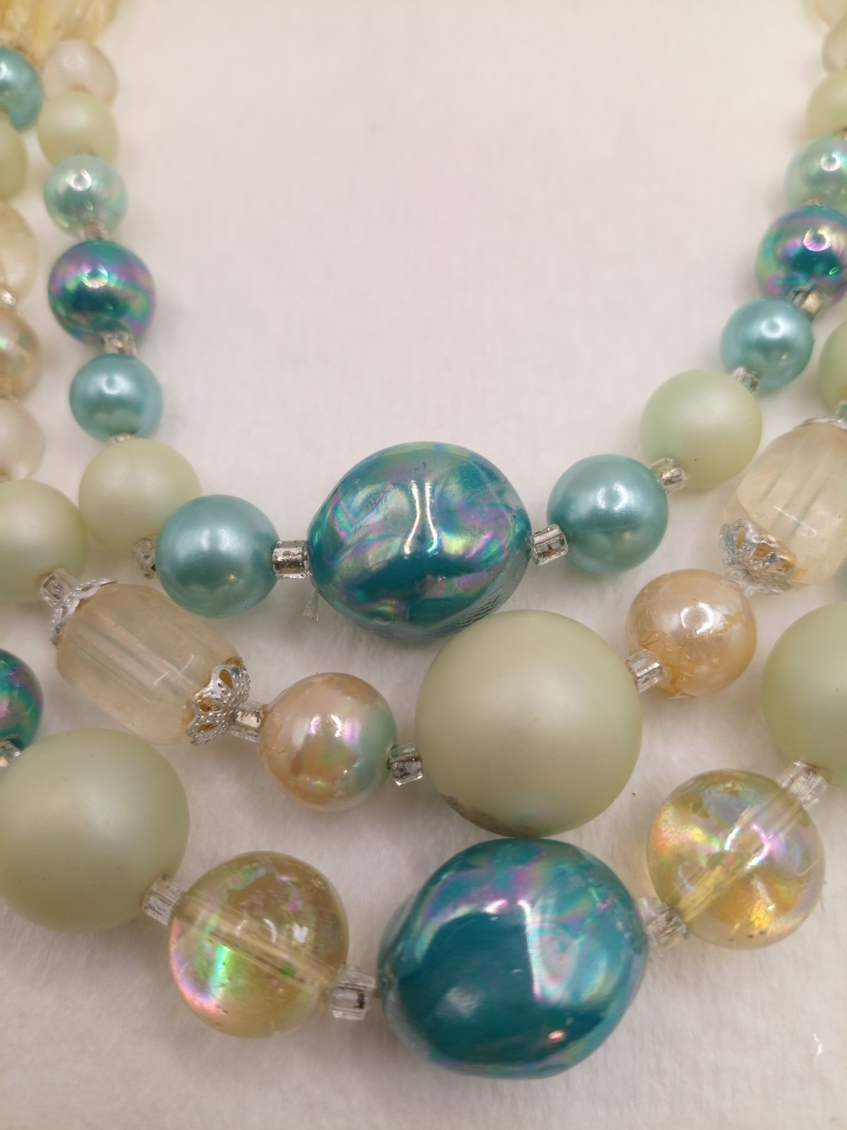 VNTG Japan Shades Of Blue Beaded 3strand Necklace And Matching Clip Earrings