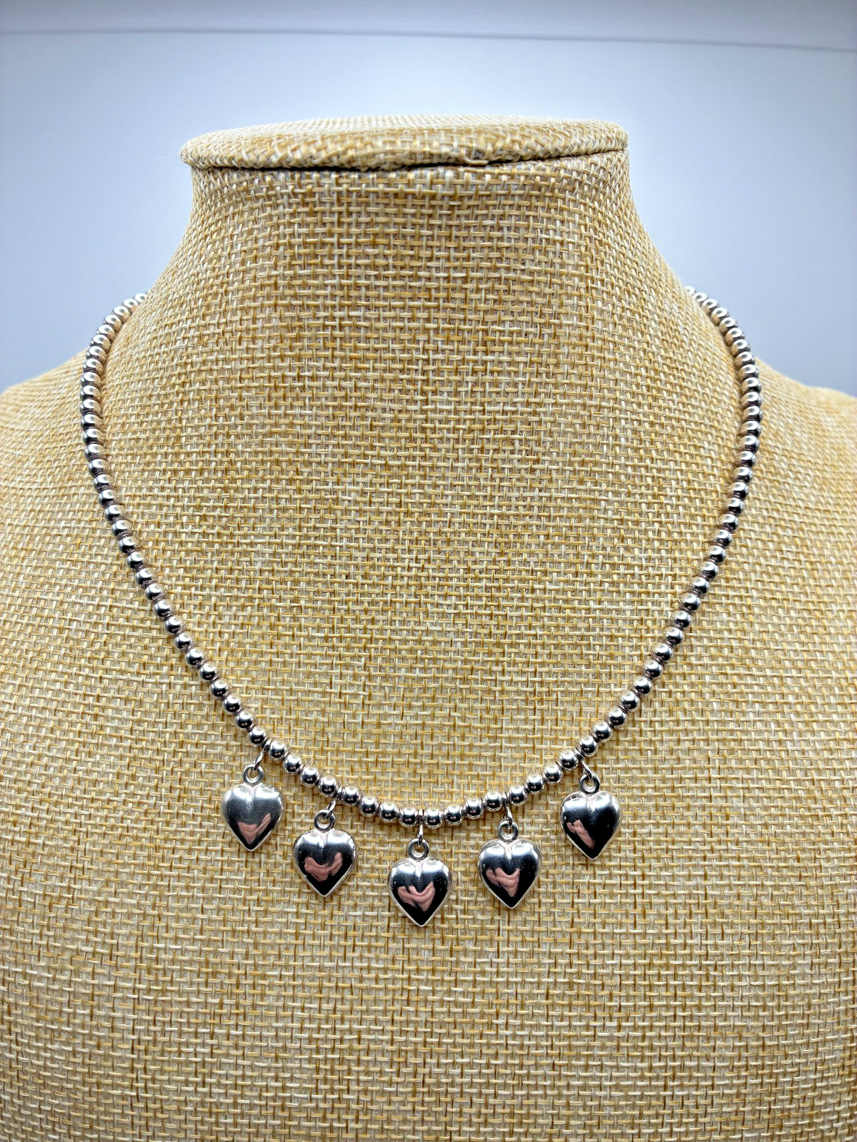 Vintage Italian 925 Silver Floating Bead Necklace with Five Puffy Dangle Hearts