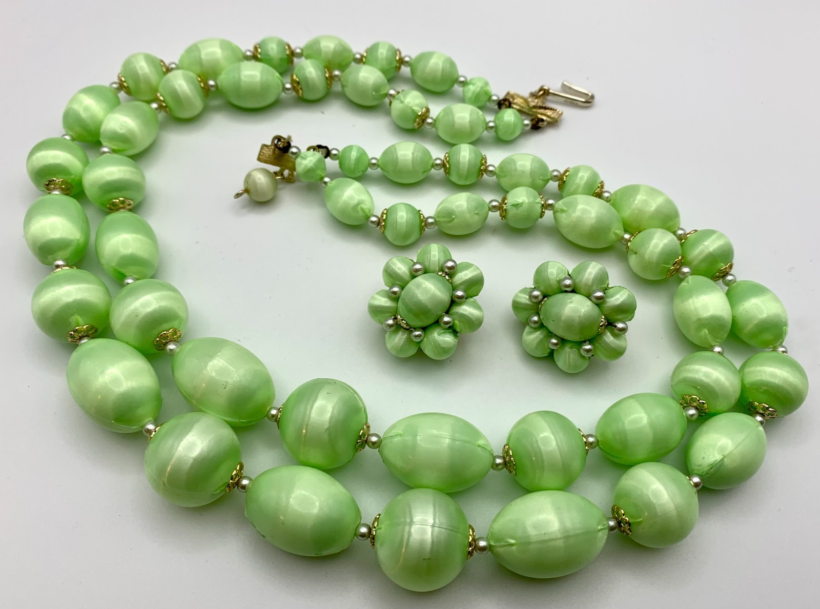 Vintage Lime Green Satin Finish 2-Strand Necklace & Clip Earrings Set MCM Japan