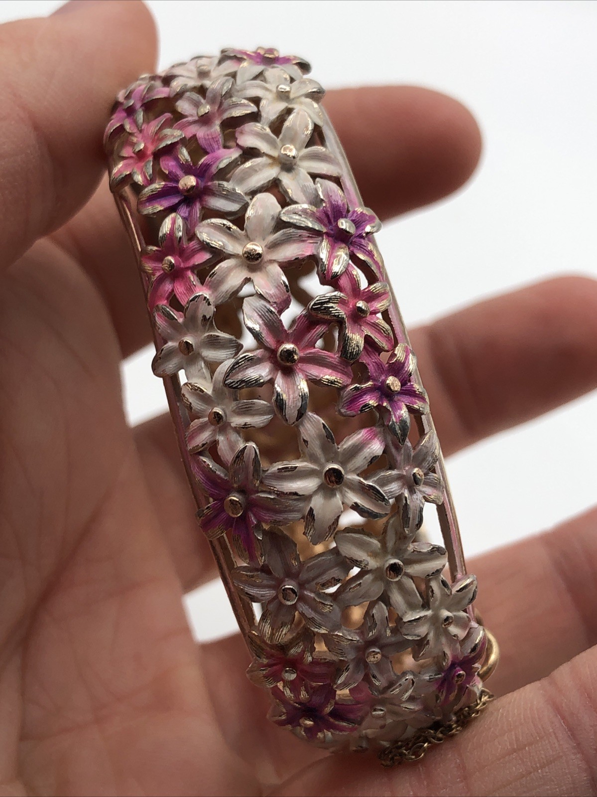 Vintage Floral Flower Pastel Enamel Pink Purple White Earring Bracelet Set