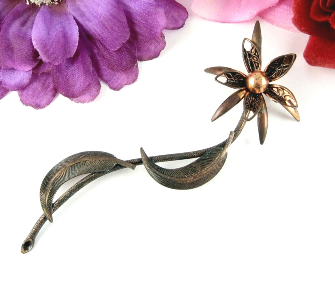 Loooong PIN COPPER FLOWER With A FEATHER TWIST Vintage Brooch Floral 4 1/2″