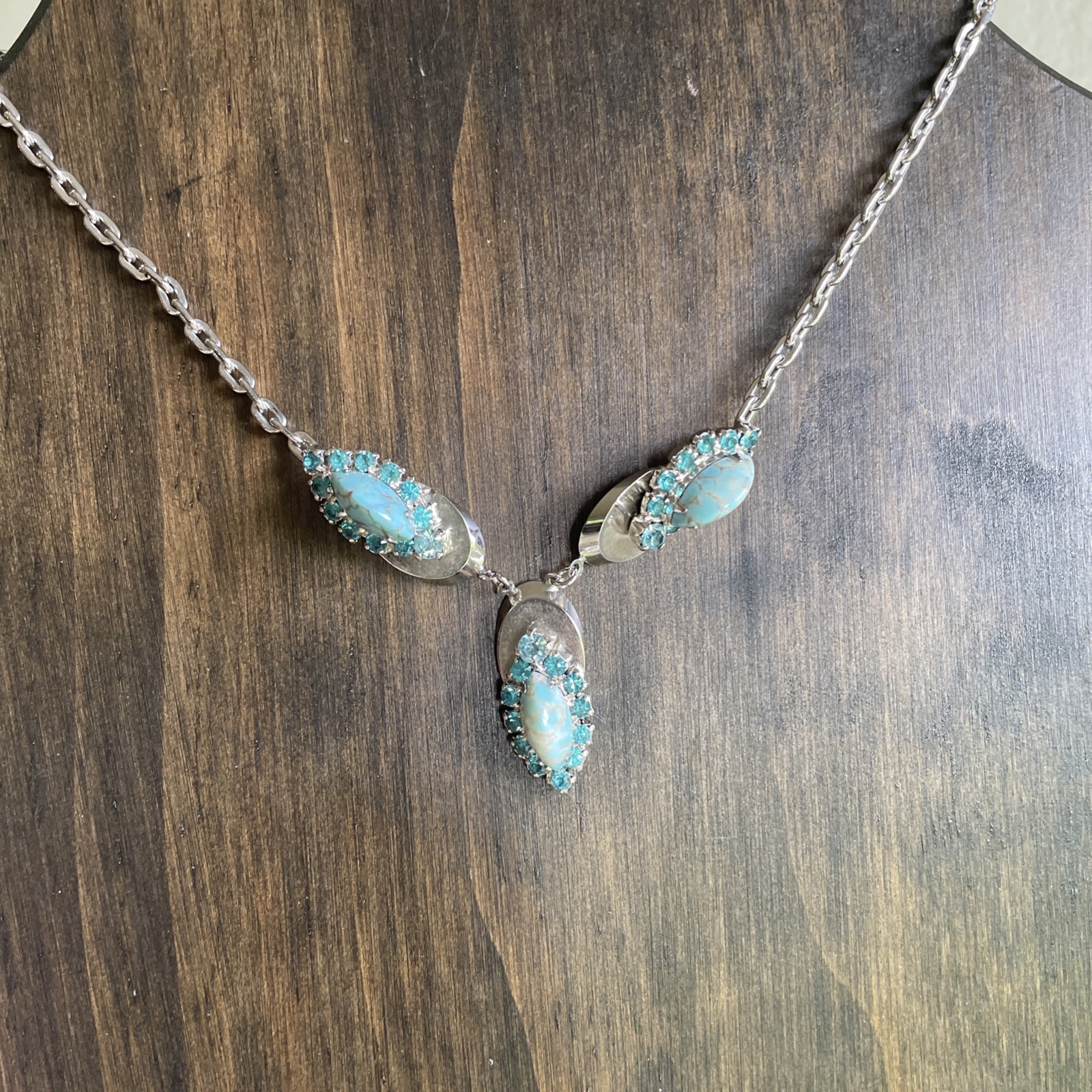 Vintage Rhinestone & Turquoise Silver Choker Necklace