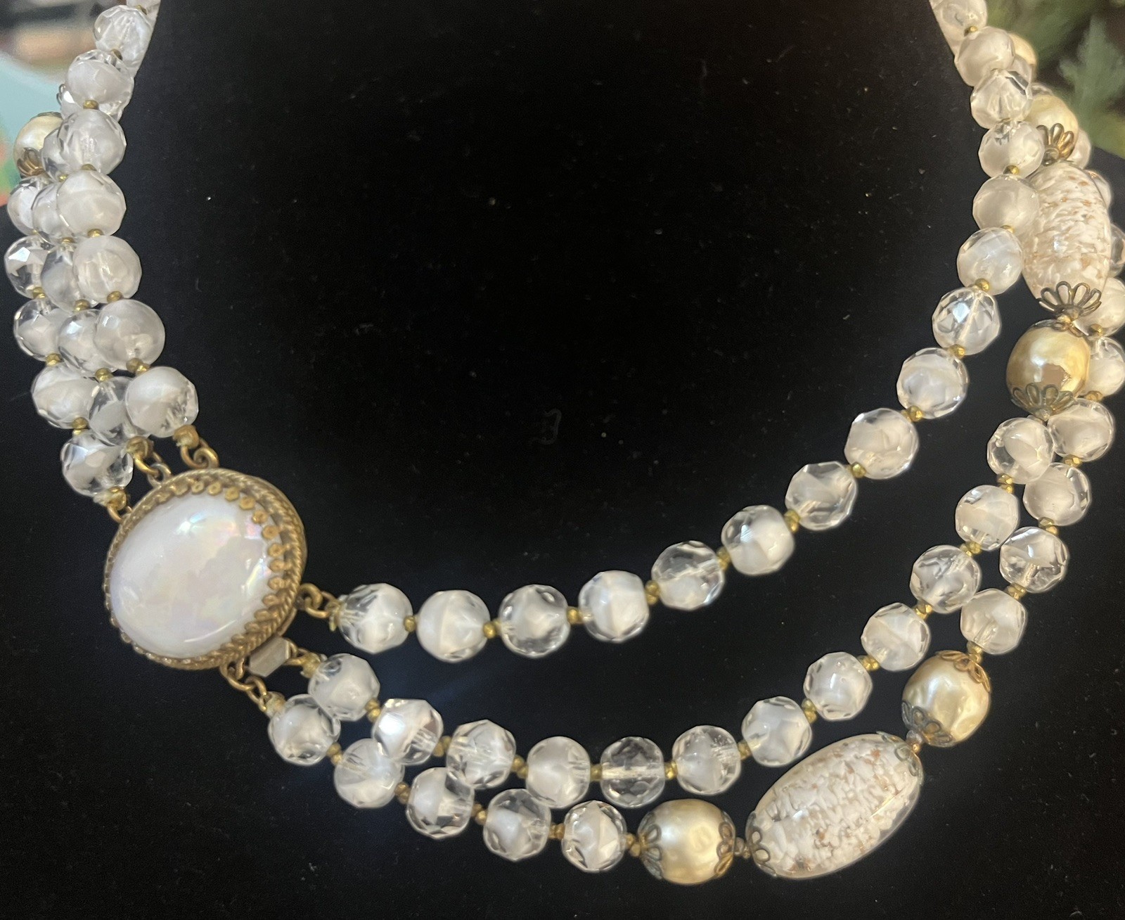 Vintage Foil Glass Necklace Murano Multistrand White Beaded Estate Jewelry Rare