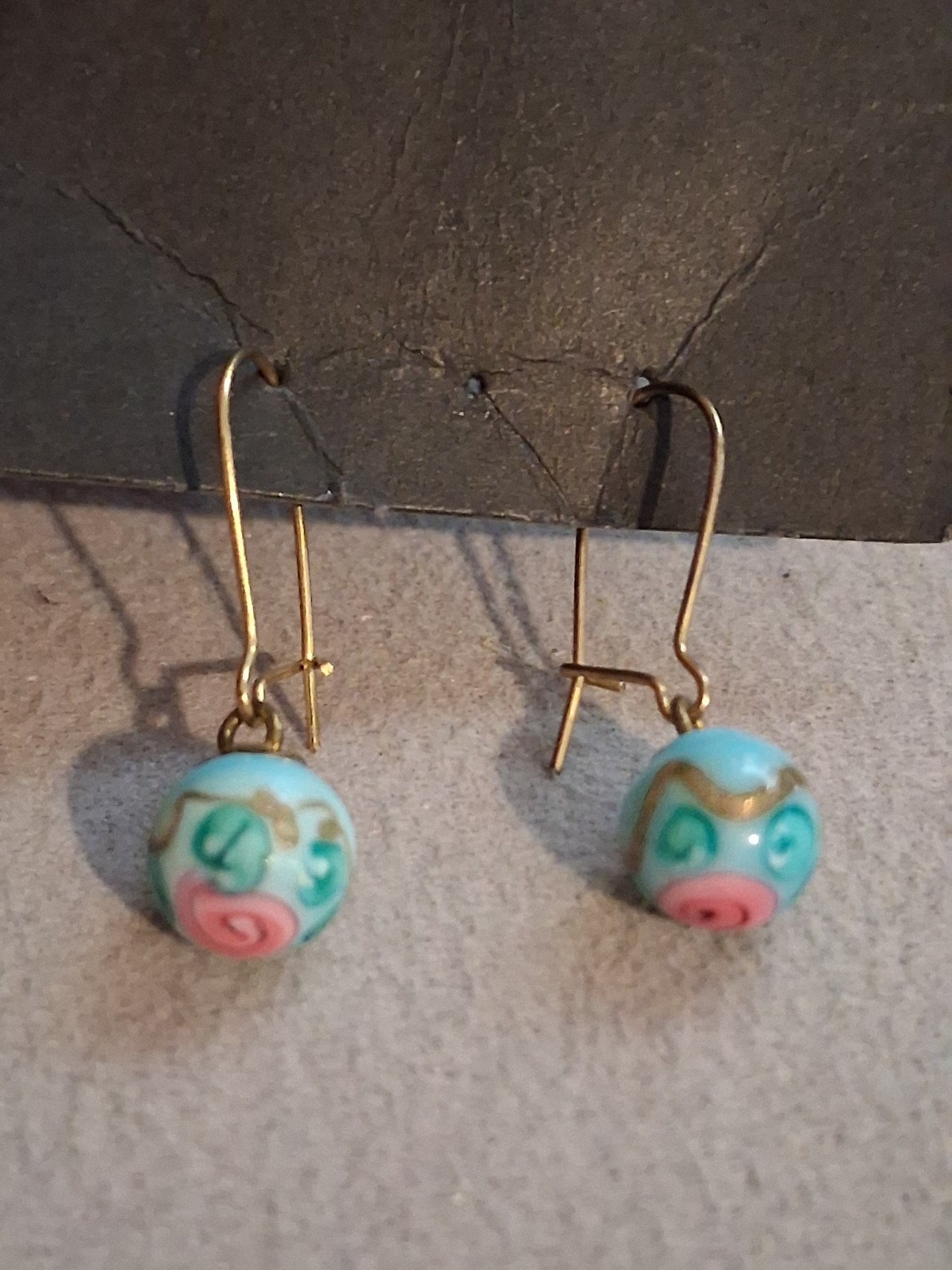 Turquoise blue lampwork bead dangle drop earrings w/pink flower, gold-plate earw